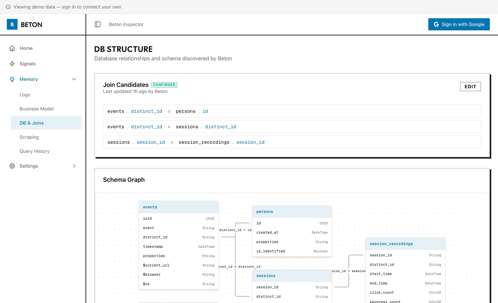 Beton DB Structure page showing confirmed join candidates and a schema graph linking events, persons, sessions, and session_recordings
